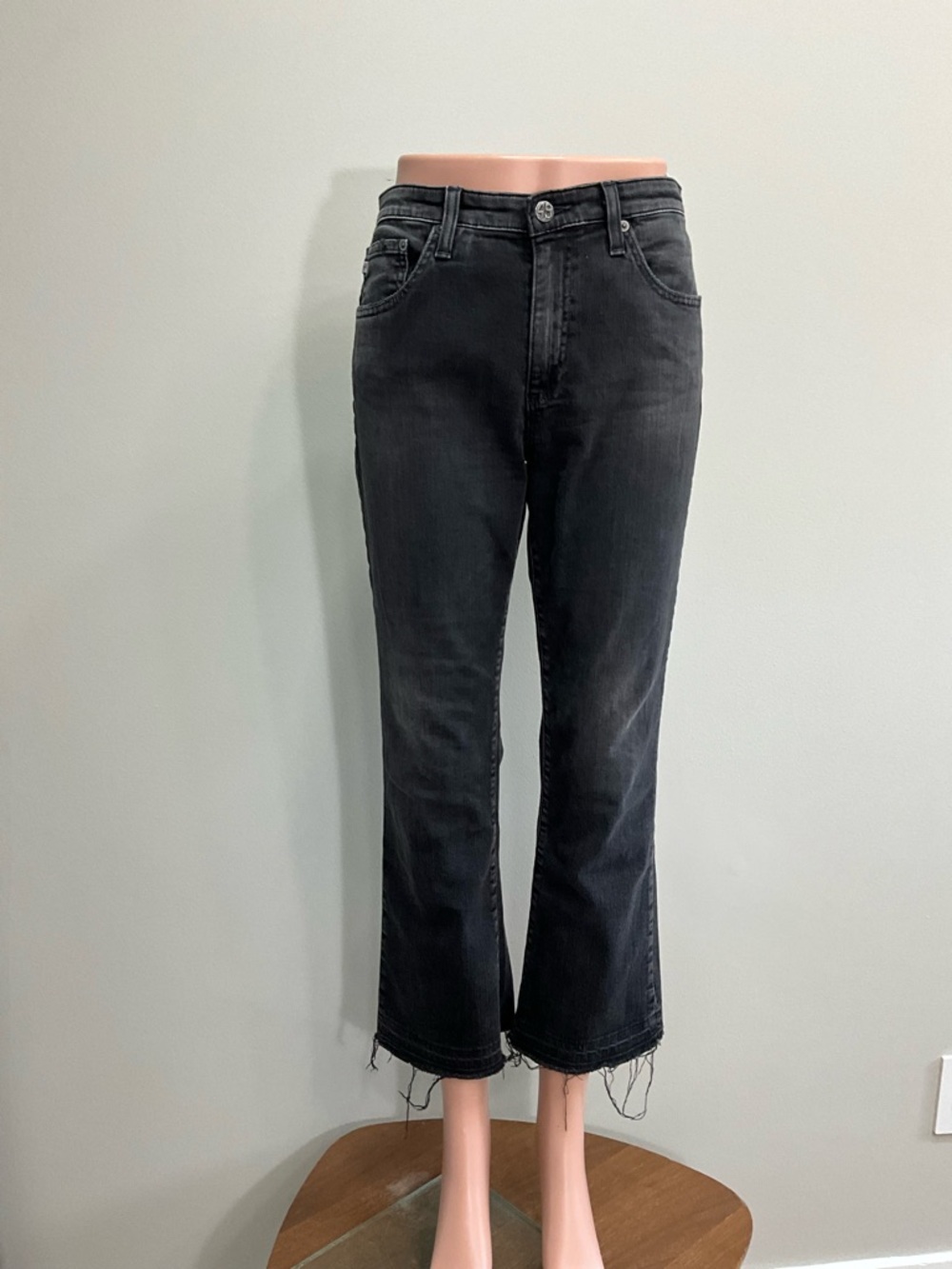 AG Adriano Goldschmied Black High Rise Slim Flare Cropped Jeans Raw Hem Size 29